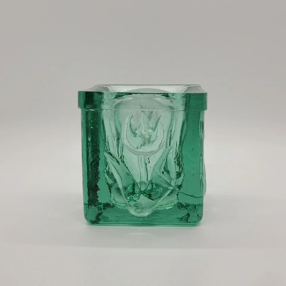 Vintage Green Art Glass Tulip Votive‎ Candle Holder Square Block Heavy Textured
